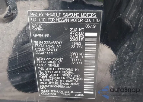 2019 Nissan Rogue Sv from USA, damaged, VIN KNMAT2MV3KP554737